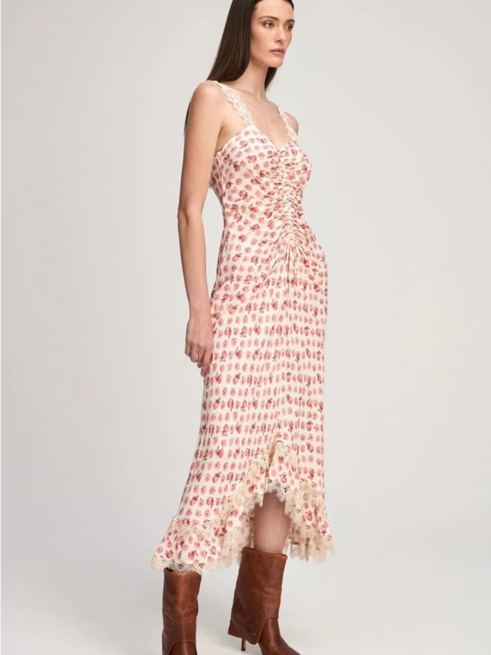 cinq a sept Pink Floral Lace-Trim Midi Dress